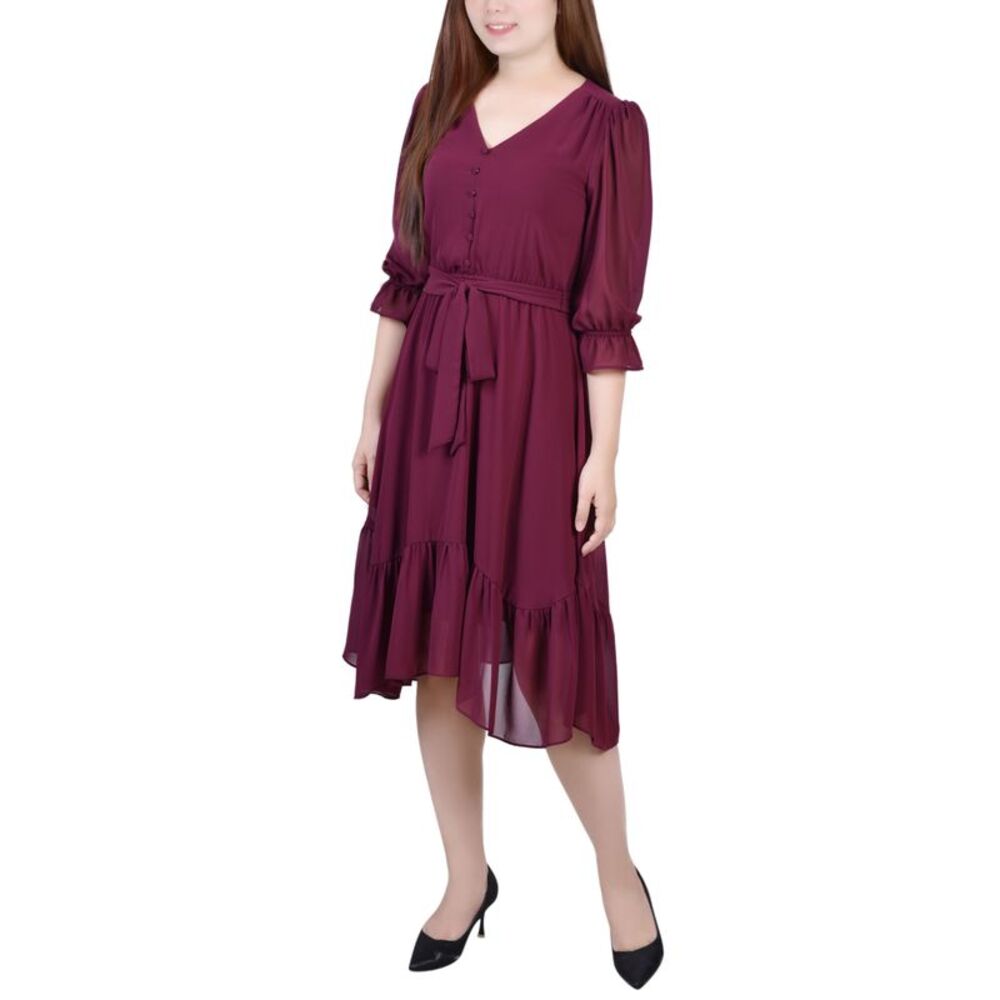 NY Collection Petite 3/4 Sleeve V Neck Flounced Dress